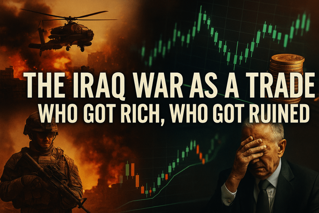 A digital composite image features the bold white title “THE IRAQ WAR AS A TRADE: WHO GOT RICH, WHO GOT RUINED,” set against visuals of a burning city, a military helicopter, stock market candlestick charts, a U.S. soldier, and a distressed businessman—symbolizing war-driven profit and civilian loss.