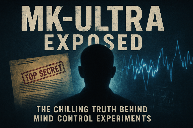 A digital graphic poster features the title "MK-ULTRA EXPOSED" in large distressed letters, over a wide dark blue-gray background with shadowy figures, glowing blue waveforms, and a stamped “TOP SECRET” document, evoking secrecy, danger, and suppressed government experiments.