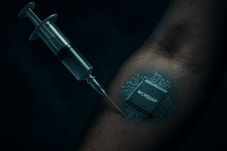 A digital illustration shows a syringe injecting a glowing microchip into a human arm, evoking themes of surveillance, control, and futuristic bio-technology in a dark, dramatic atmosphere.