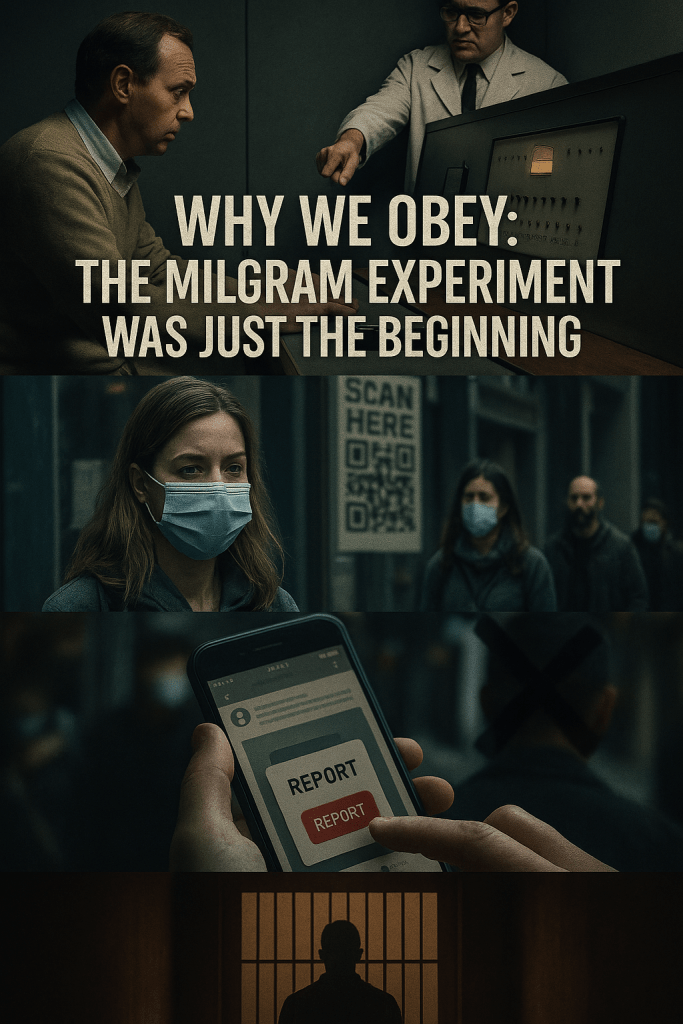 A digital composite image depicts obedience and conformity across eras: a man obeying commands in the Milgram experiment, masked citizens during a lockdown, a smartphone displaying a “REPORT” button, and a lone figure behind bars—symbolizing the evolution of psychological control.
