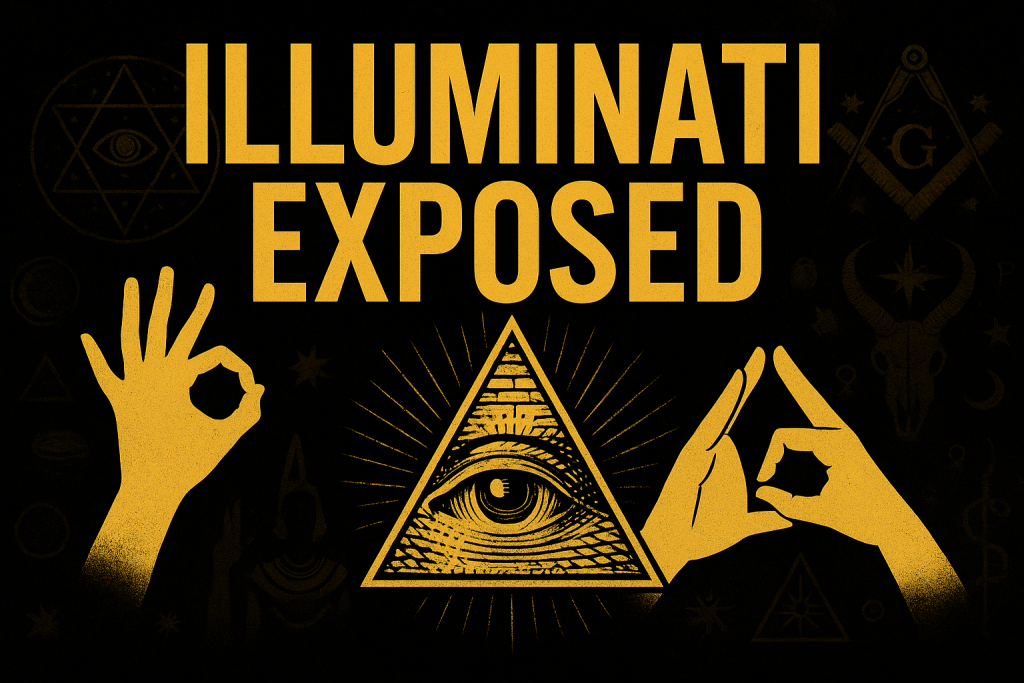 A digital graphic design poster features the title “ILLUMINATI EXPOSED” in bold golden-yellow letters over a black background, with the central Eye of Providence inside a glowing triangle, flanked by symbolic hand gestures and faint occult imagery, evoking mystery and hidden power.