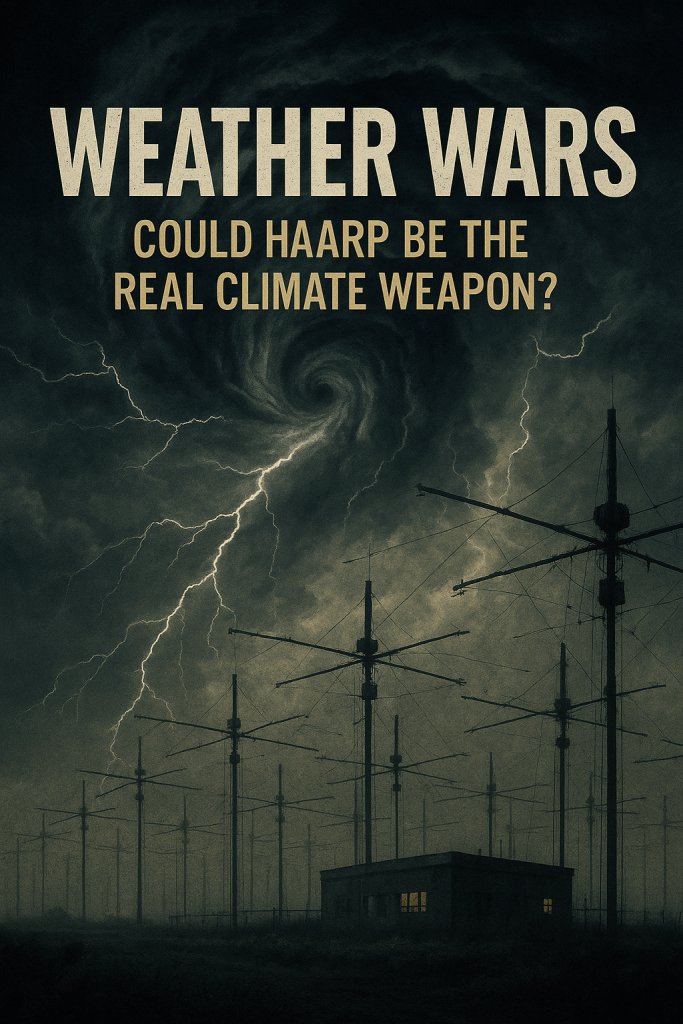 A stormy and ominous digital illustration showing a massive hurricane above a HAARP antenna field, suggesting a haunting connection between weather manipulation and secret government technology.