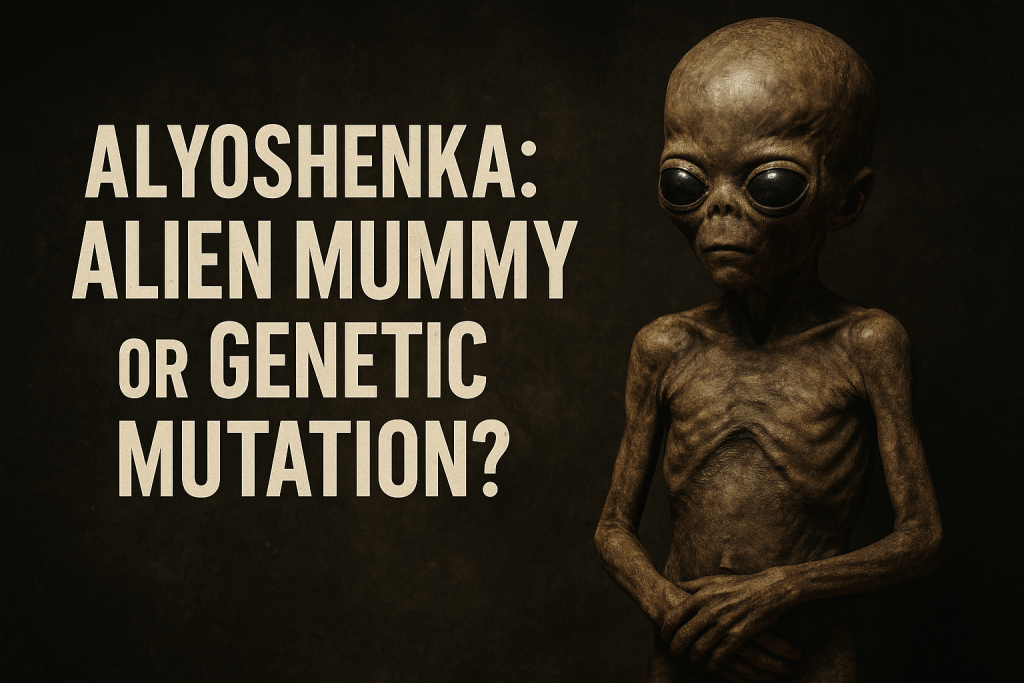 A digital composite illustration for a speculative mystery: a shrouded humanoid figure with large eyes lies on a clinical table under dim lights, surrounded by Russian Cyrillic documents, a faded photograph, and an eerie forest background—invoking the legend of Alyoshenka, the Kyshtym dwarf.