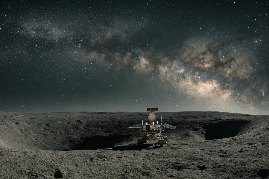 A high-resolution digital image of China’s Yutu-2 rover on the far side of the Moon under a glowing Milky Way sky, with a cratered lunar surface in the foreground.