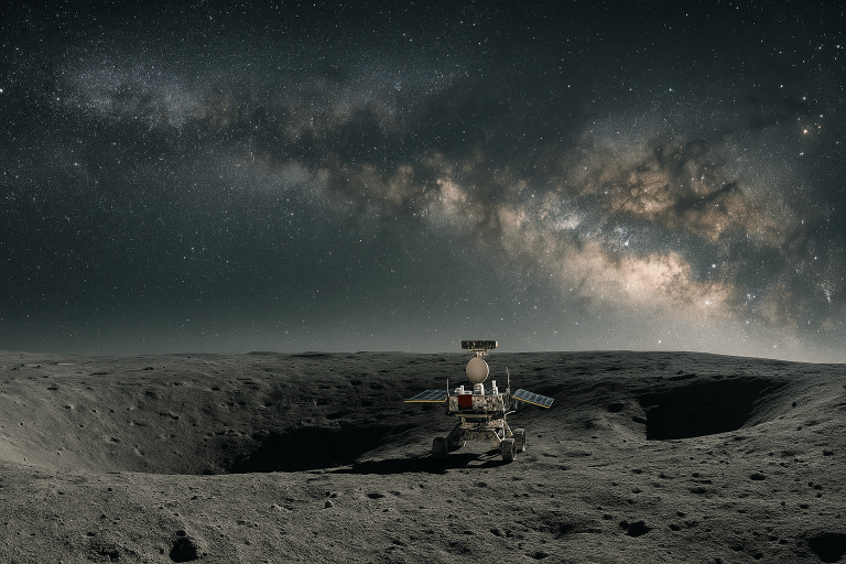 A high-resolution digital image of China’s Yutu-2 rover on the far side of the Moon under a glowing Milky Way sky, with a cratered lunar surface in the foreground.