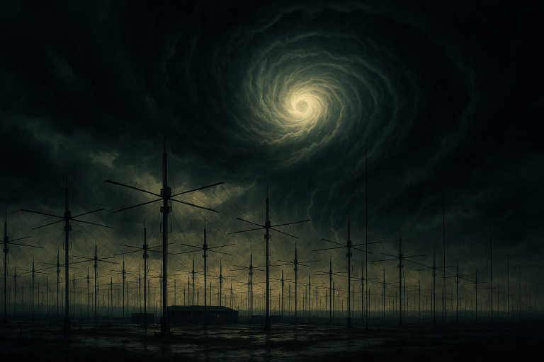 A haunting horizontal digital painting showing HAARP antennas stretching across the landscape beneath a swirling, glowing eye of a hurricane, suggesting the ominous possibility of weather manipulation.