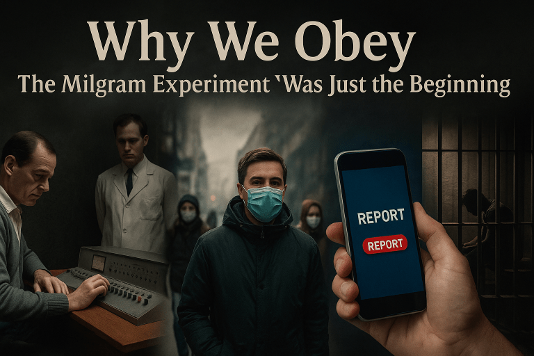 A horizontal digital composite image titled “Why We Obey” showing four scenes: a man pressing a shock button during the Milgram experiment, masked civilians in a lockdown street, a smartphone screen with a “REPORT” button, and a shadowed prisoner behind bars—visually connecting obedience with psychological and systemic control.