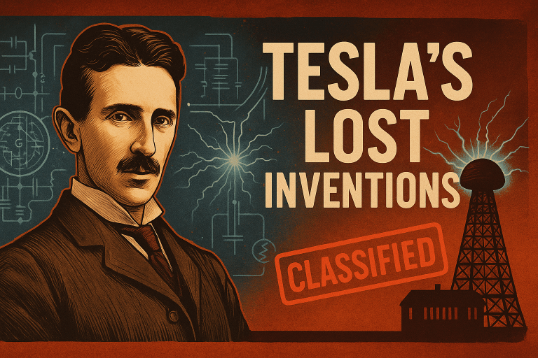 A digital illustration features Nikola Tesla, the Wardenclyffe Tower radiating energy, intricate electric schematics, and a prominent “CLASSIFIED” stamp, all set in a bold horizontal poster layout with red and blue tones, evoking secrecy, innovation, and lost inventions.