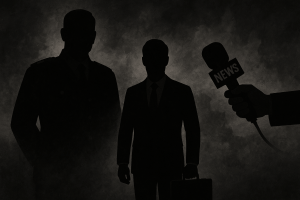 A dark-toned digital illustration featuring the silhouettes of a soldier, a suited businessman, and a news microphone, all set against a stormy, shadowed backdrop—symbolizing concealed power and controlled narratives.