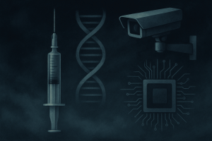 A moody digital illustration featuring a syringe, a DNA helix, a surveillance camera, and a microchip against a dark, smoky blue background—symbolizing scientific control, bio-surveillance, and hidden agendas.