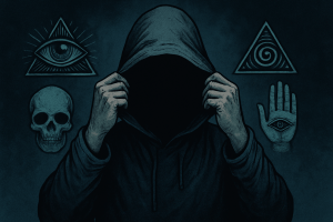 A surreal illustration of a hooded figure in darkness, surrounded by occult symbols including an all-seeing eye, a skull, a spiral triangle, and a hand with an eye—evoking secrecy, hidden knowledge, and cosmic mystery.