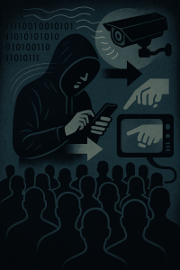 A dark vintage-style illustration of a hooded figure controlling faceless crowds through a smartphone, with arrows, surveillance cameras, binary code, and a hand reaching from a TV—symbolizing psychological operations and behavior manipulation.