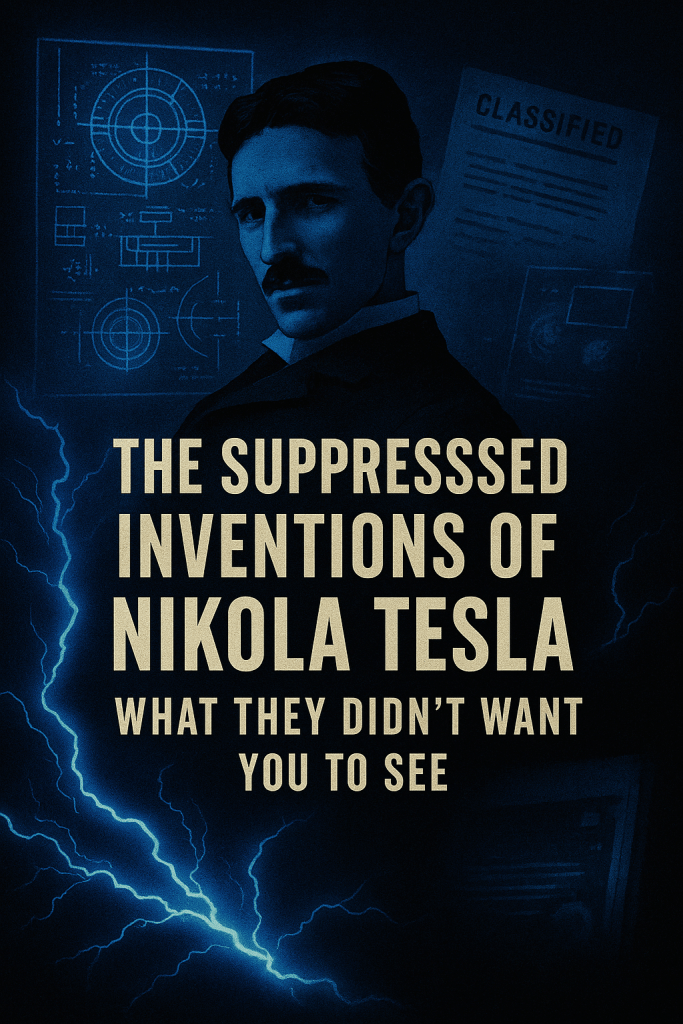 A digital illustration in poster style features Nikola Tesla shrouded in shadows, surrounded by glowing blueprints, classified documents, and electric currents, evoking mystery, hidden technology, and suppressed genius.