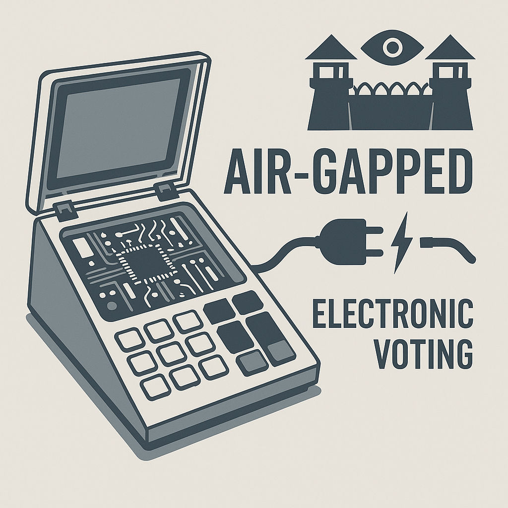 A vector-style digital illustration showing a hand placing a paper ballot into a ballot box, overlaid with digital code and surveillance icons, symbolizing the vulnerability of traditional voting systems to modern technological interference.