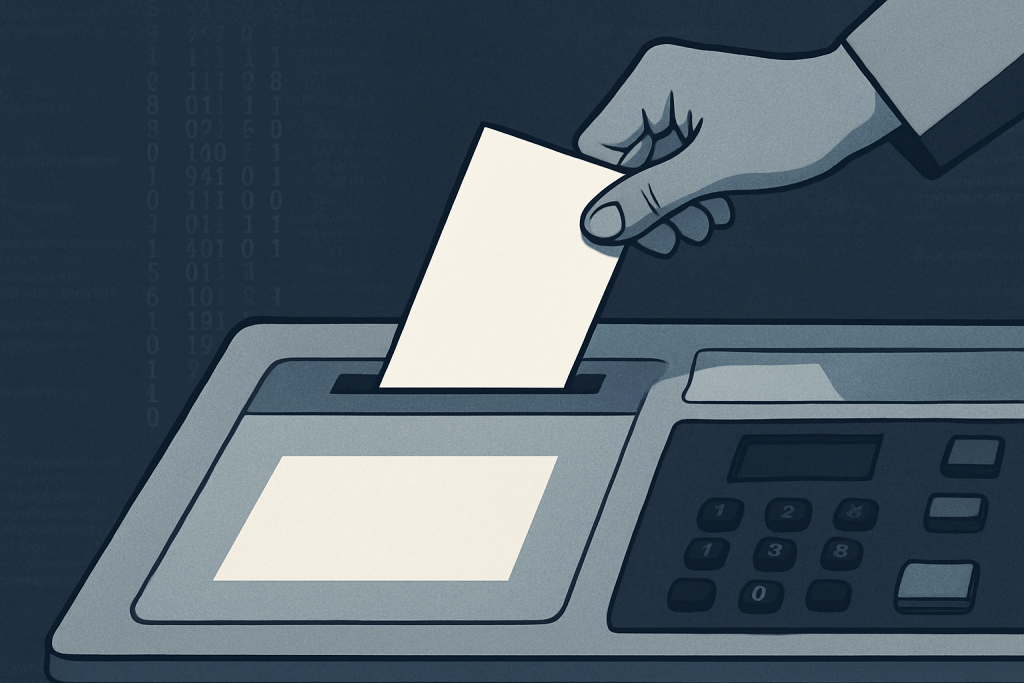 A digital illustration showing a voter's hand inserting a ballot into an electronic voting machine, with cascading binary code in the background, symbolizing digital interference in the election process.
