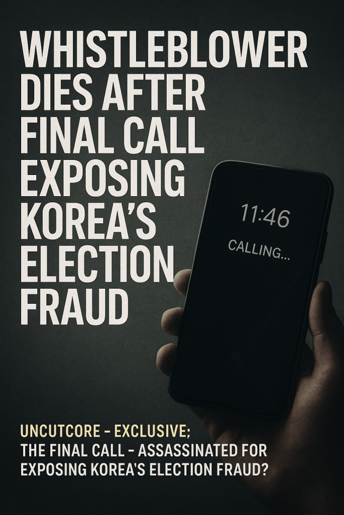 A moody, dark-toned graphic showing a hand holding a smartphone at 11:46 with the screen displaying “CALLING...”, symbolizing the final phone call of a whistleblower before his mysterious death.