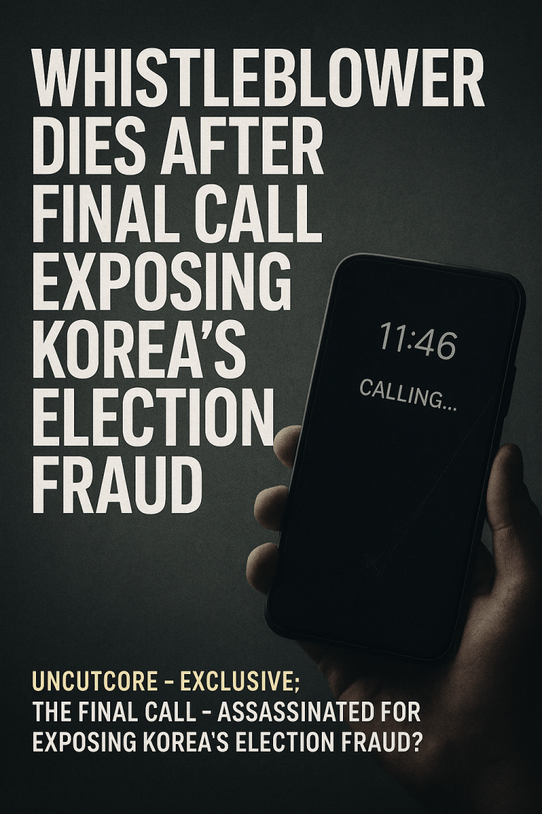 A moody, dark-toned graphic showing a hand holding a smartphone at 11:46 with the screen displaying “CALLING...”, symbolizing the final phone call of a whistleblower before his mysterious death.