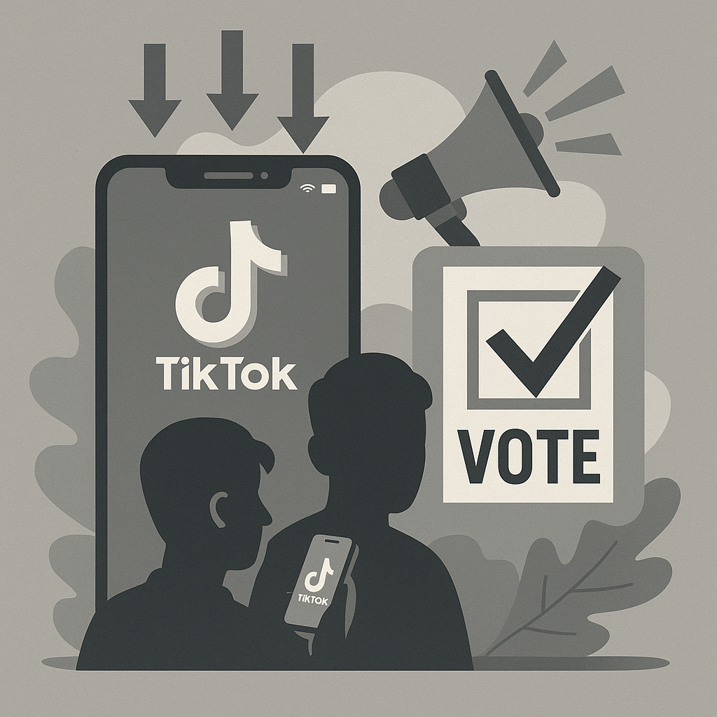 A stylized digital illustration of a smartphone displaying the TikTok logo, with shadowy algorithmic code flowing behind it, symbolizing hidden influence on political content.