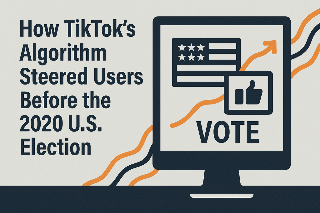 “A stylized digital illustration showing TikTok interface elements combined with keywords like ‘voting’, ‘misinformation’, and ‘algorithm’. The visual represents how trending content may be manipulated to influence public opinion during elections.”
