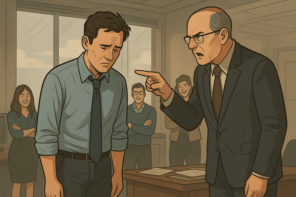 A modern office scene where a usually praised coworker slips up and gets corrected by the boss, while nearby colleagues quietly smirk in satisfaction.