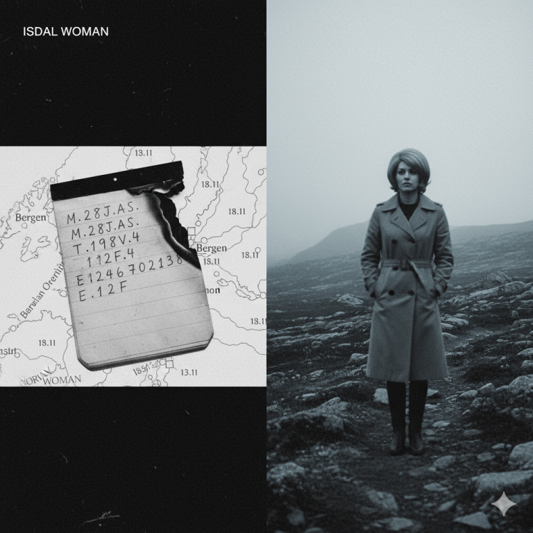 High-contrast image of the Isdal Woman mystery. On the left, a burned, coded notepad over a map of Norway. On the right, a shadowy woman in a wig stands on a cold, foggy mountain path, evoking a Cold War spy thriller.