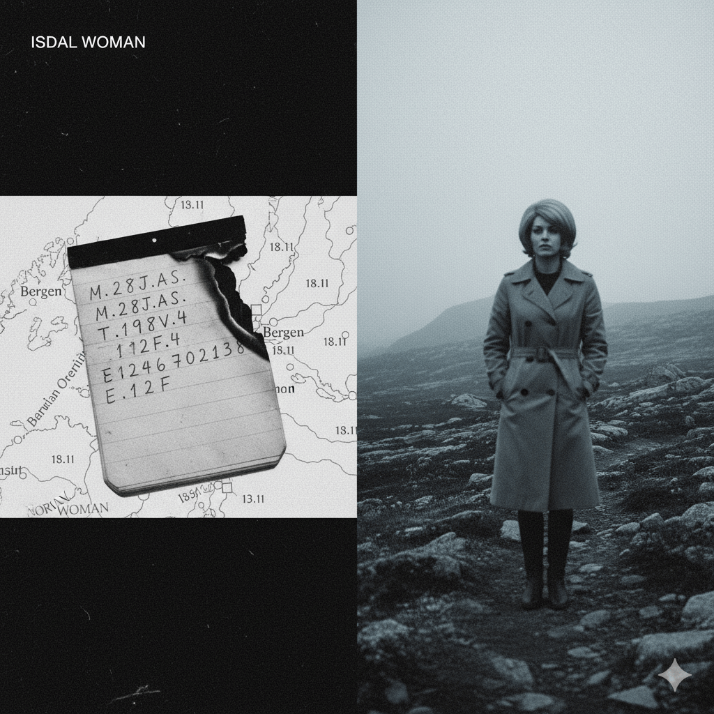 Gemini_Generated_Image_9ozh8z9ozh8z9ozh High-contrast image of the Isdal Woman mystery. On the left, a burned, coded notepad over a map of Norway. On the right, a shadowy woman in a wig stands on a cold, foggy mountain path, evoking a Cold War spy thriller.