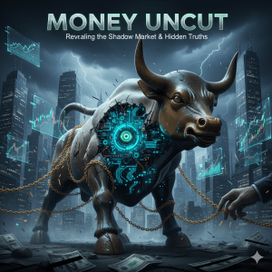 A cracked bull statue revealing internal electronic circuits stands in a dark city landscape with lightning striking. The bull is chained, surrounded by scattered money and holographic stock charts. The title 