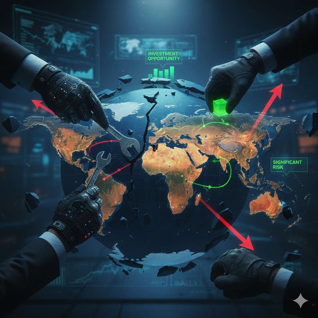 A complex, fragmented global map is depicted with various trade routes shown as broken or severed lines. Several hands, some wearing military gloves, are shown manipulating these trade routes and supply chains as if playing a strategic game. Overlaying this are subtle arrows pointing to both opportunities (green upward arrows) and risks (red downward arrows) in the fragmented network.