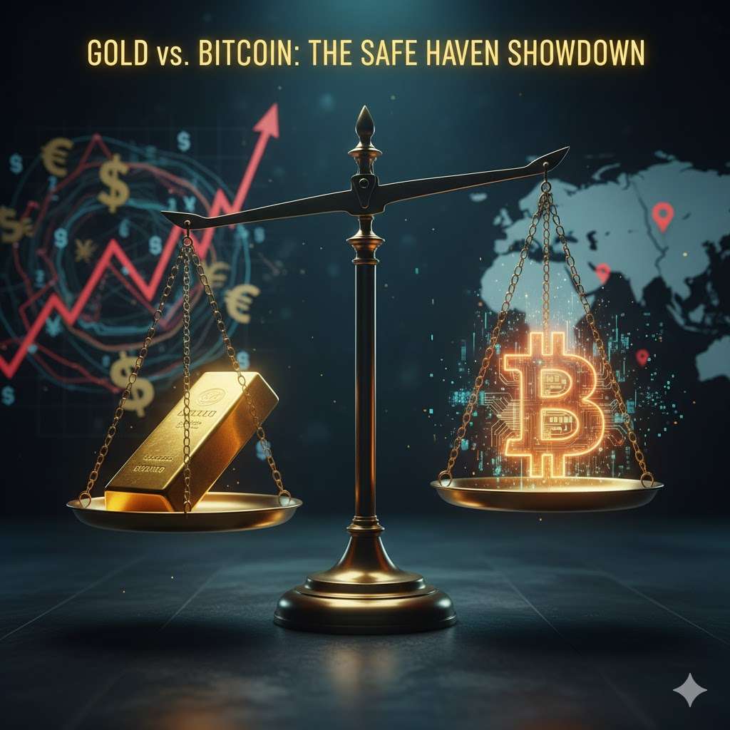 A set of old-fashioned scales is balanced precariously in the center. On one side, a gleaming gold bar rests, emanating a classic, solid glow. On the other side, a glowing, futuristic Bitcoin symbol floats, surrounded by a subtle digital aura. In the background, abstract representations of inflation (rising graphs, distorted currency symbols) and geopolitical tension (stylized maps with tension points, faint military symbols) loom, highlighting the forces against which these assets are being weighed.