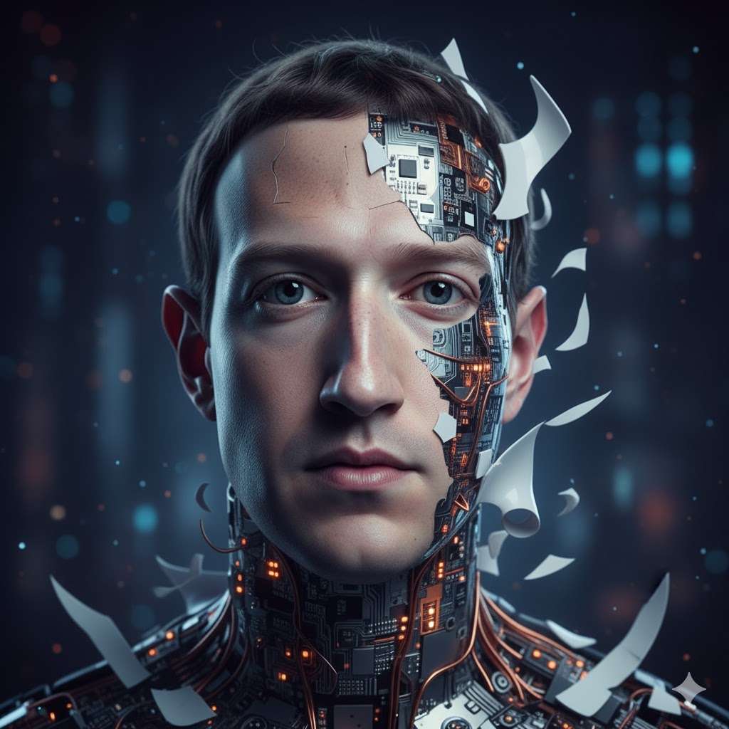 A high-contrast portrait of Mark Zuckerberg overlaid with binary code, symbolizing his identity as an algorithm-driven figure.