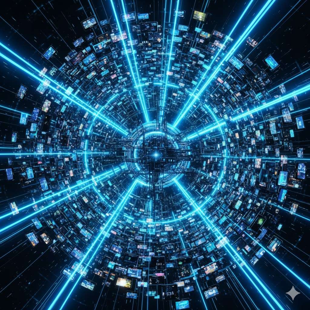 Abstract visualization of the 'Ultimate Observer AI' network collecting massive data streams from thousands of screens.