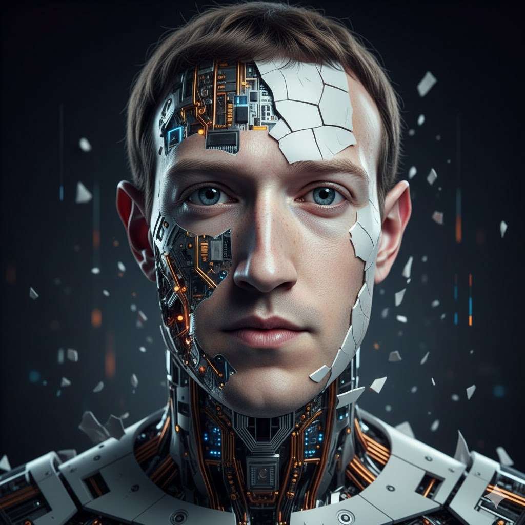 Surreal image depicting Zuckerberg's skin cracking to reveal internal circuit boards, symbolizing his transformation into a prototype AI system.